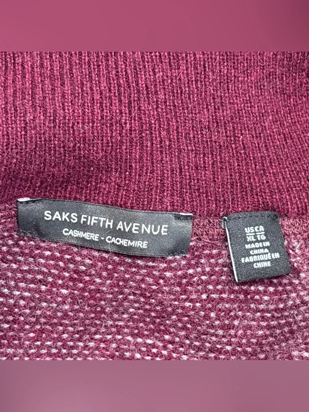 Saks Fifth Avenue Cashmere Quarter Zip Sweater Mens XL Burgundy Birdseye Knit